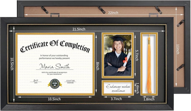 GiftMust 11x22 Diploma Frame with Tassel Holder, Graduate Frame for 8.5x11 Certificate Document and 4x6 Photo, Linen Texture Black over Gold Double Mats, HD Real Glass, Black with Gold Beads Embossing - Image 5